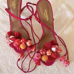 Aquazzura Firenze pink ankle heeled sandals with beaded poms